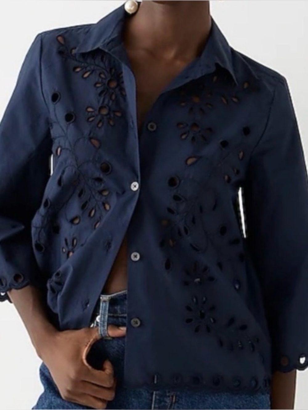 J Crew Navy Eyelet-Detail Button Front top